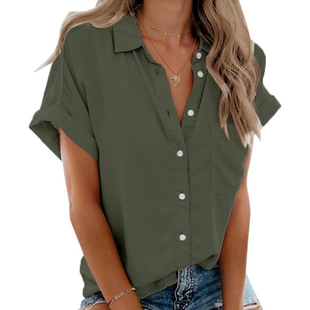 CCC Army Green Chic Henley Short Sleeve Button Up Lapel Shirt All Polyester XLGE - Picture 2 of 10
